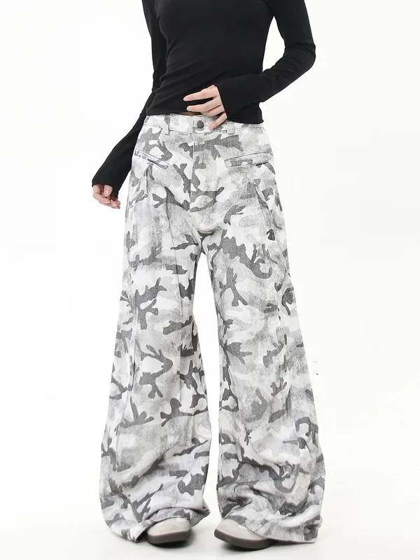 Blacklists American High Street Niche White Camouflage Cargo Pants for Men and Women Straight Deconstructed Scimitar Slightly Flared Wide Leg Pants
