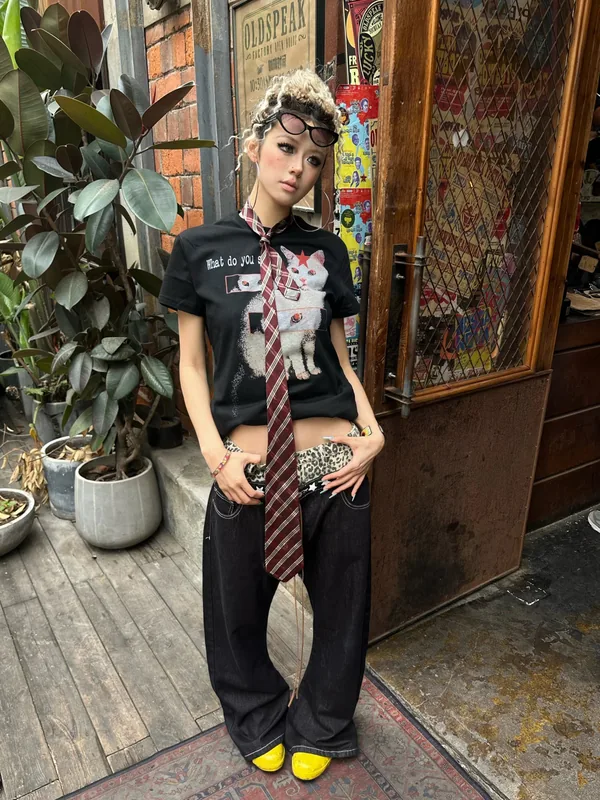 Detw 25Ss* the Leopard Print Version of the Original Niche Double-Waisted Raw Cow Scimitar Jeans with Stacked Design to Look Taller