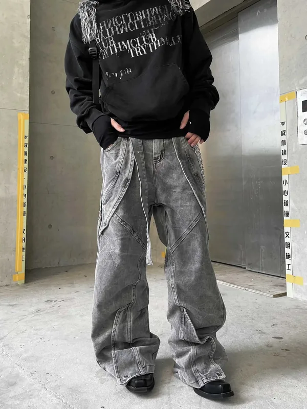 Darkfog Heavy-Duty Design Splicing Cut Distressed Straight Jeans for Men and Women Niche Casual Silhouette Pants