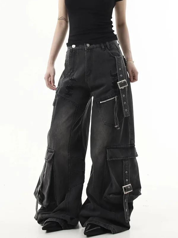 Blacklists American High Street Heavy Industry Ripped Ribbon Scimitar Jeans for Men and Women Multi-Flap Pocket Pants Wide-Leg Cargo Pants