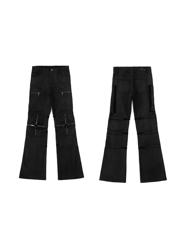 FromTheisland(FTI) Manual Brush Wax Cross Zipper Stitching Velcro Punk Jeans-FromTheisland