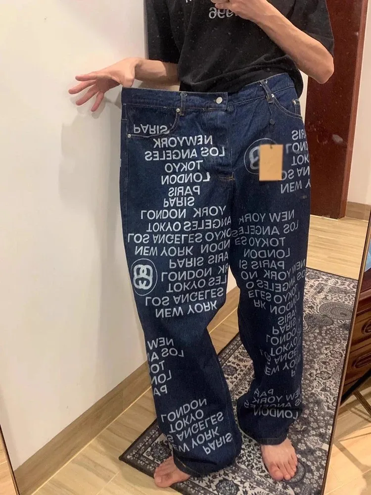 Blue Letter Print Washed Wide-Leg Jeans