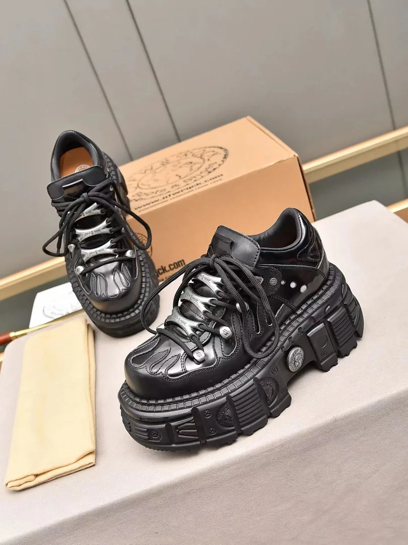 New Rock Black White Gold Hardware Sneakers