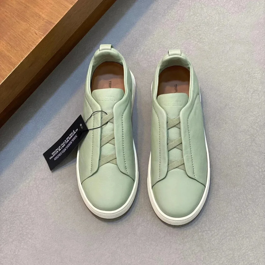 Zegna Triple Stitch Grey Leather Trainers — Photo 5