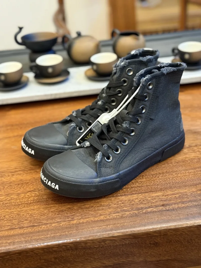 Balenciaga Paris High Top White Distressed Canvas Shoes — QC