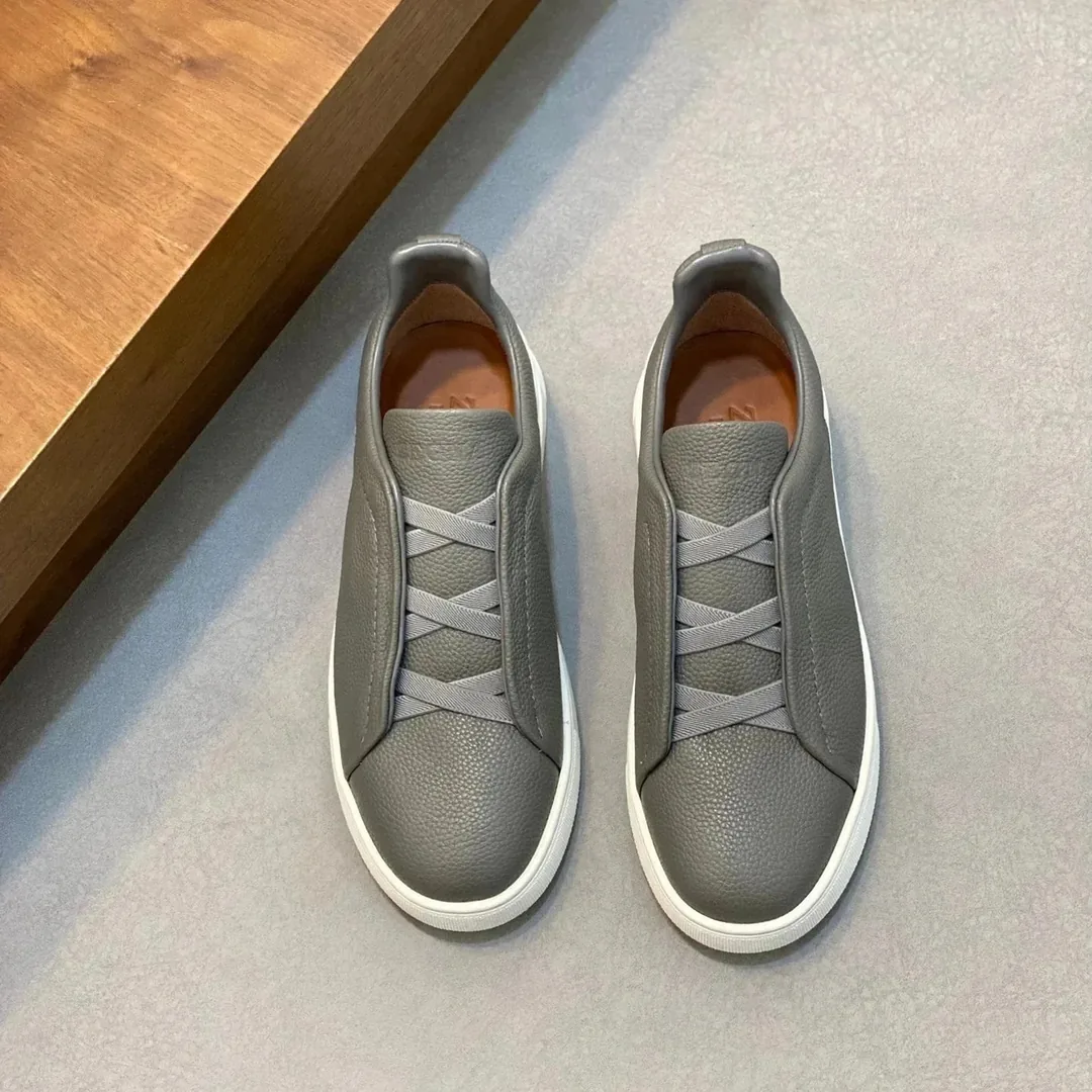 Zegna Triple Stitch Grey Leather Trainers — Photo 10