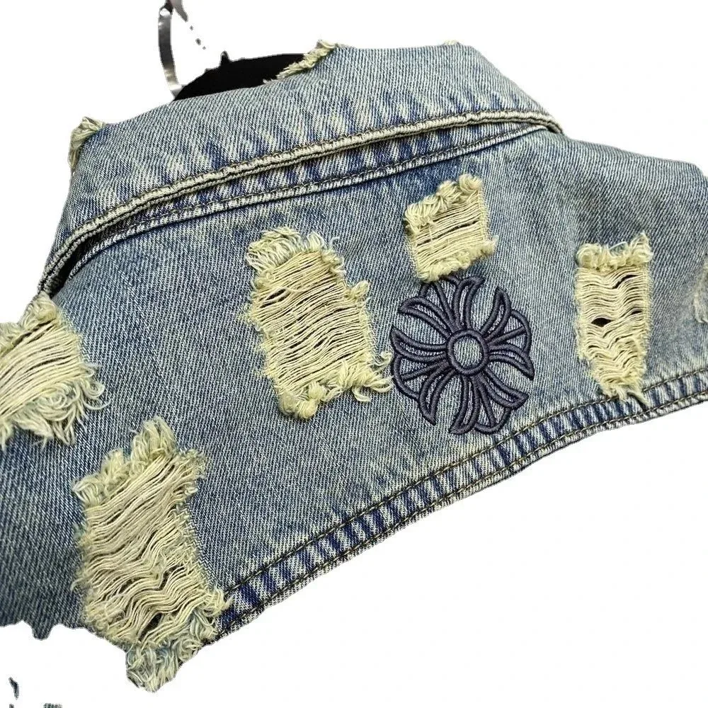 Embroidered Distressed Denim Jacket — Photo 6