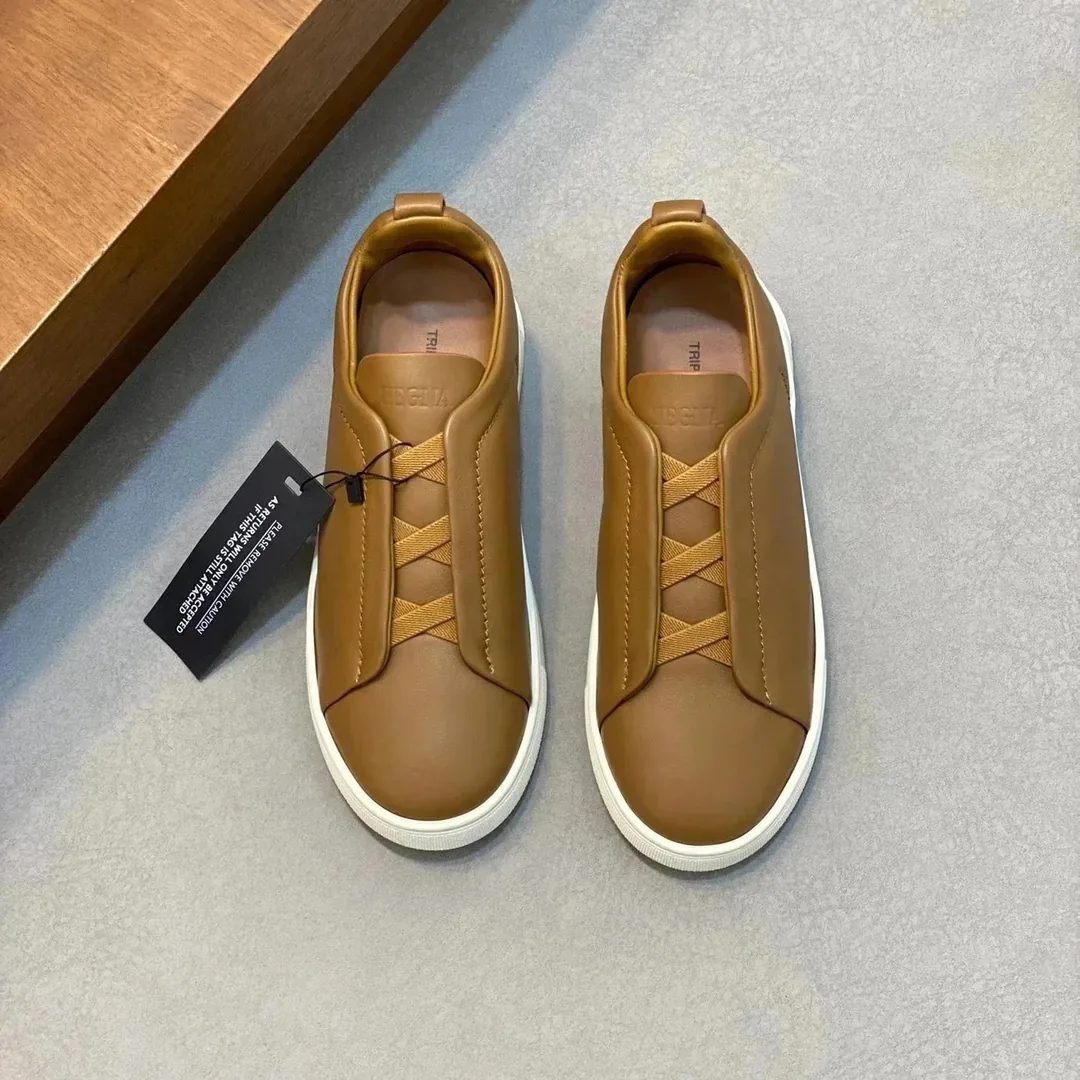 Zegna Triple Stitch Grey Leather Trainers — Photo 3