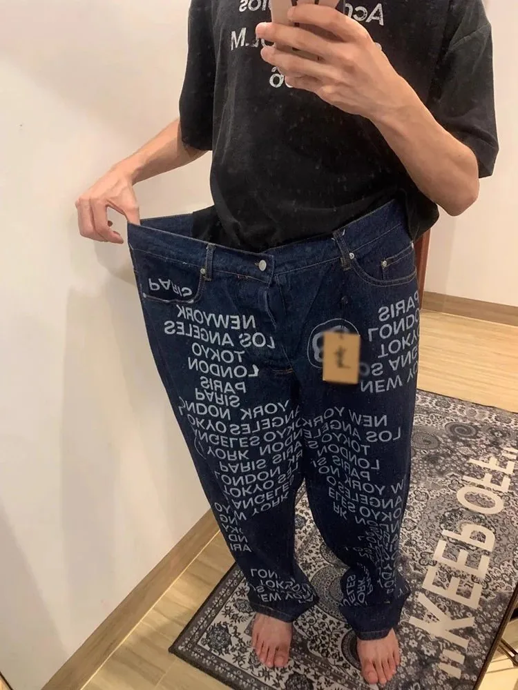 Blue Letter Print Washed Wide-Leg Jeans — QC