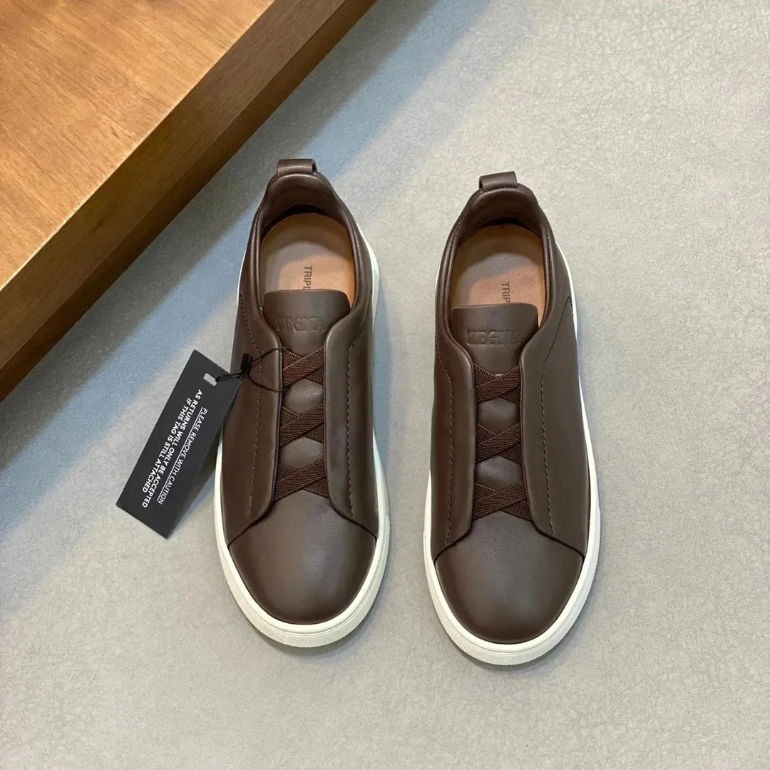 Zegna Triple Stitch Grey Leather Trainers — Photo 4