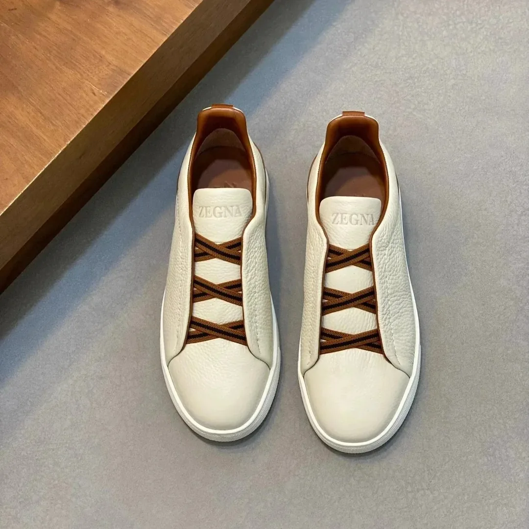 Zegna Triple Stitch Grey Leather Trainers — Photo 12