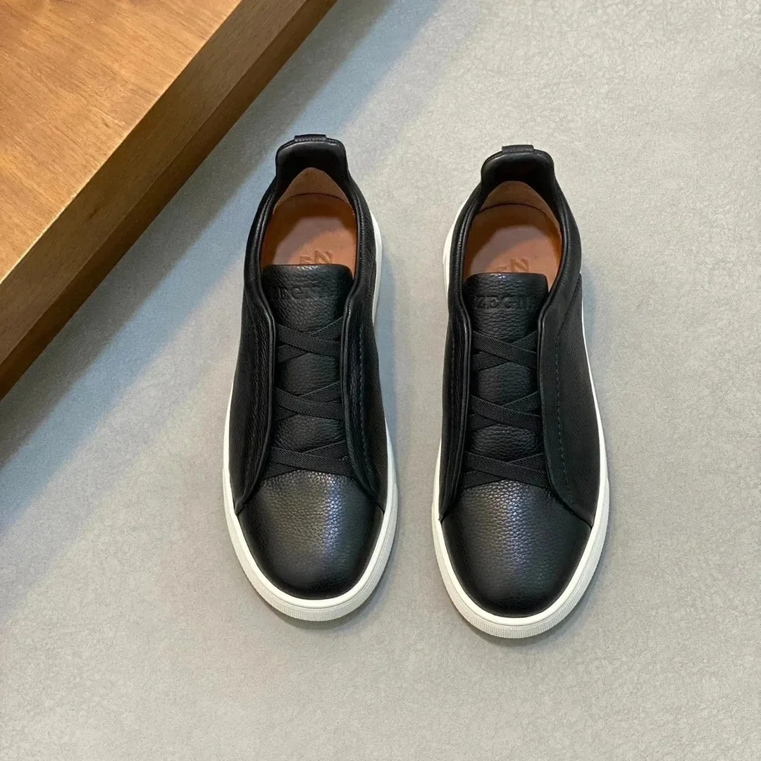 Zegna Triple Stitch Grey Leather Trainers — Photo 11