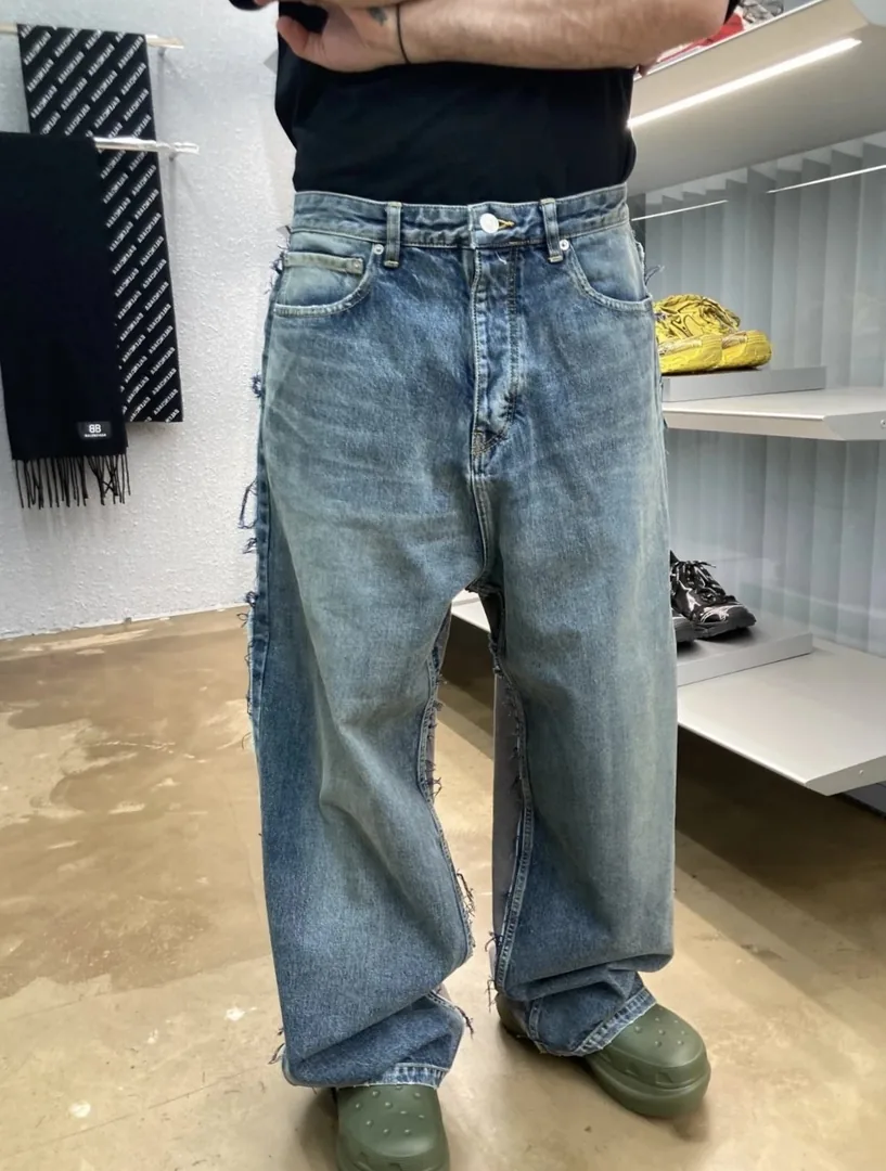 Blue Grey Paneled Baggy Jeans — Photo 3