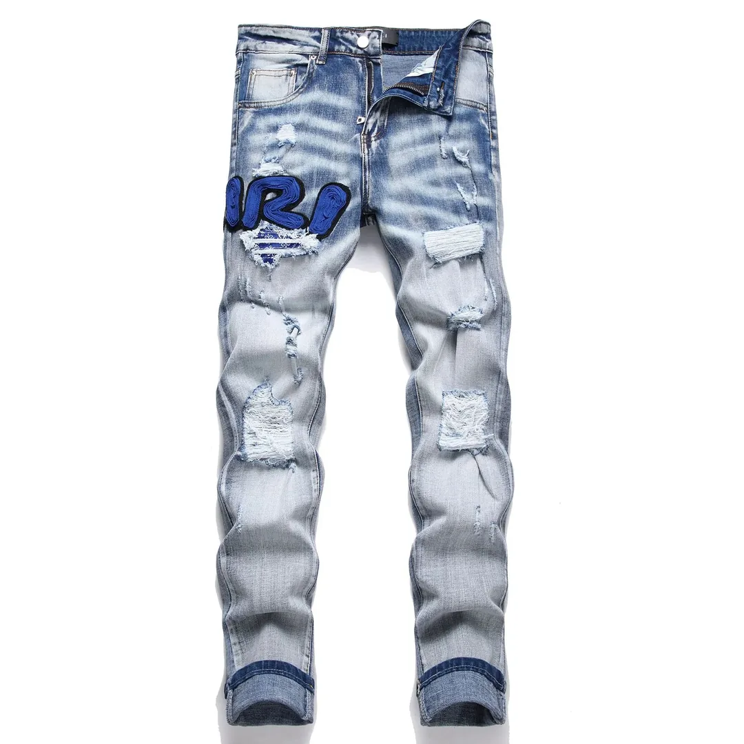 Blue Embroidered Distressed Jeans — photo 2