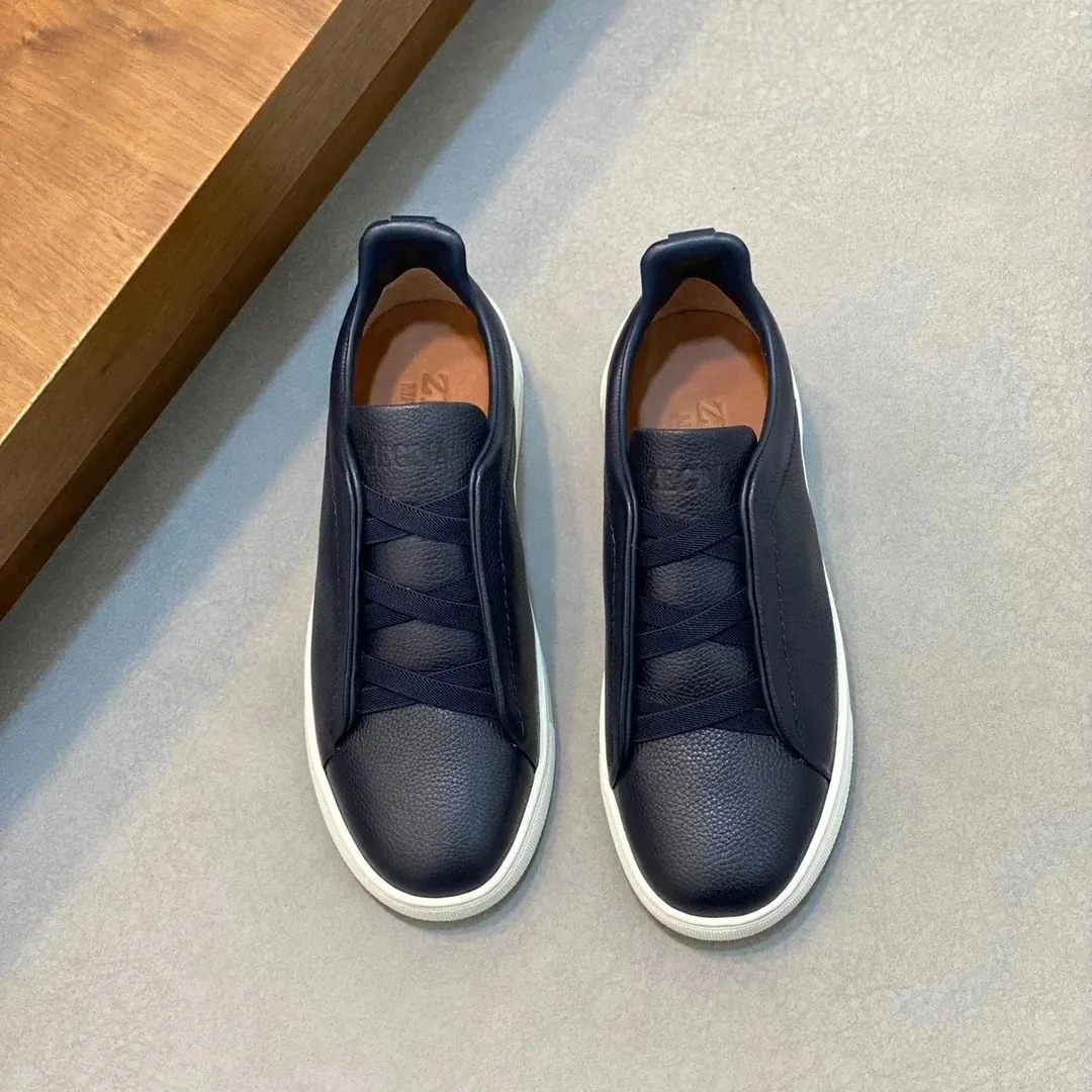 Zegna Triple Stitch Grey Leather Trainers — Photo 9