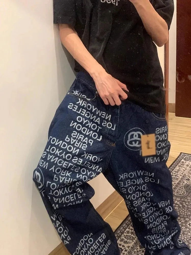 Blue Letter Print Washed Wide-Leg Jeans — QC