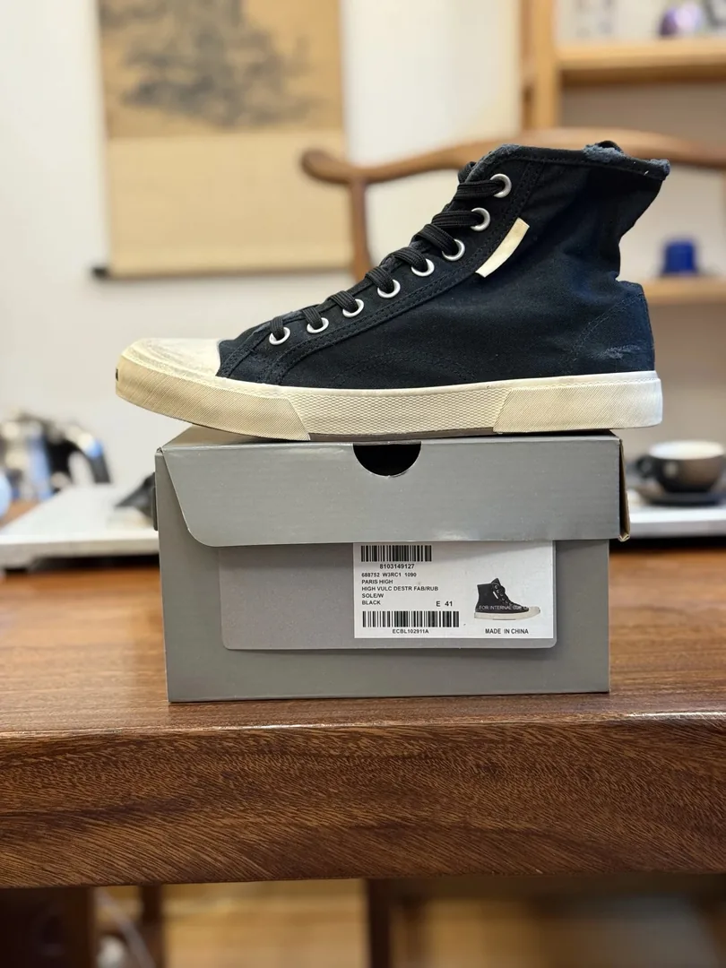 Balenciaga Paris High Top White Distressed Canvas Shoes — QC