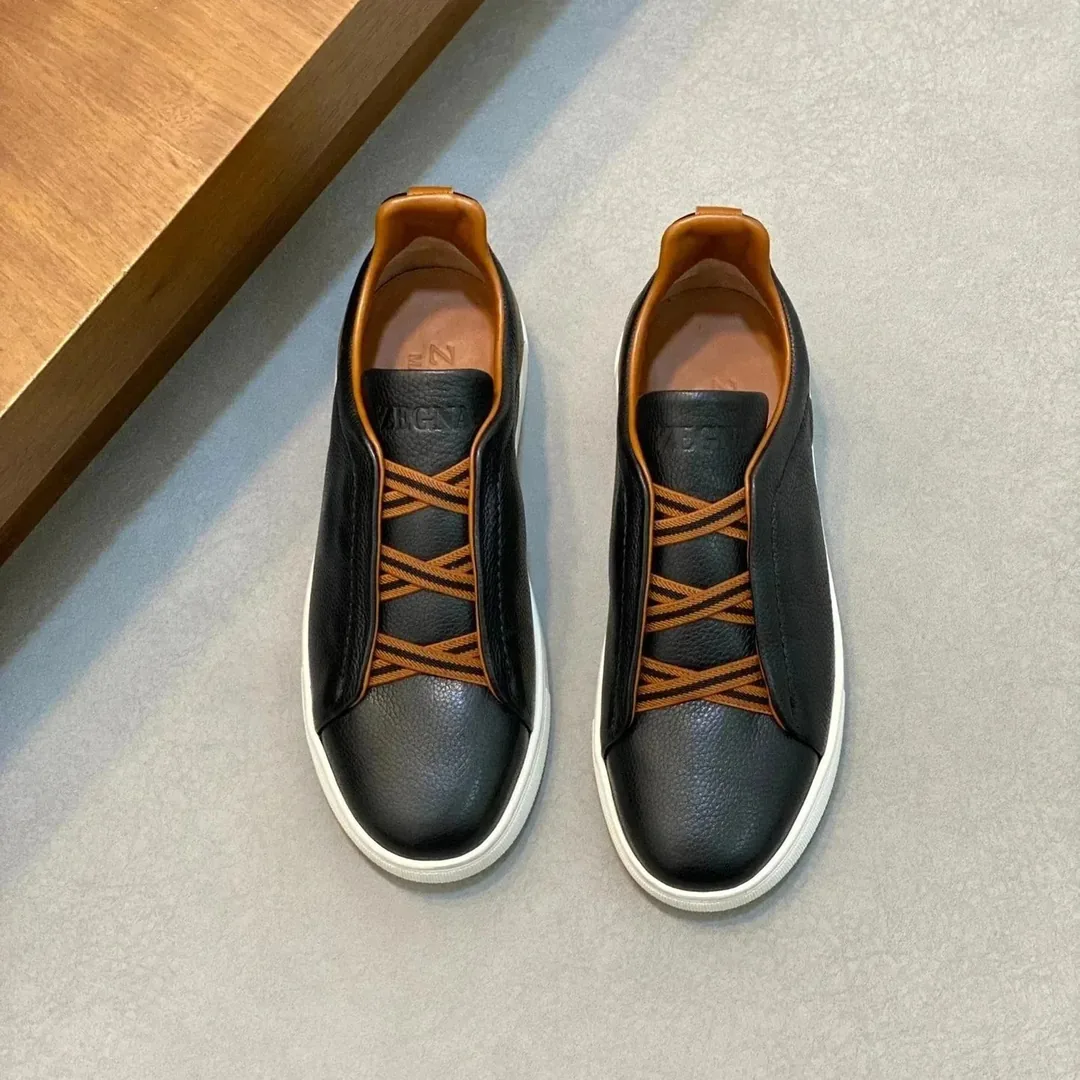 Zegna Triple Stitch Grey Leather Trainers — Photo 13