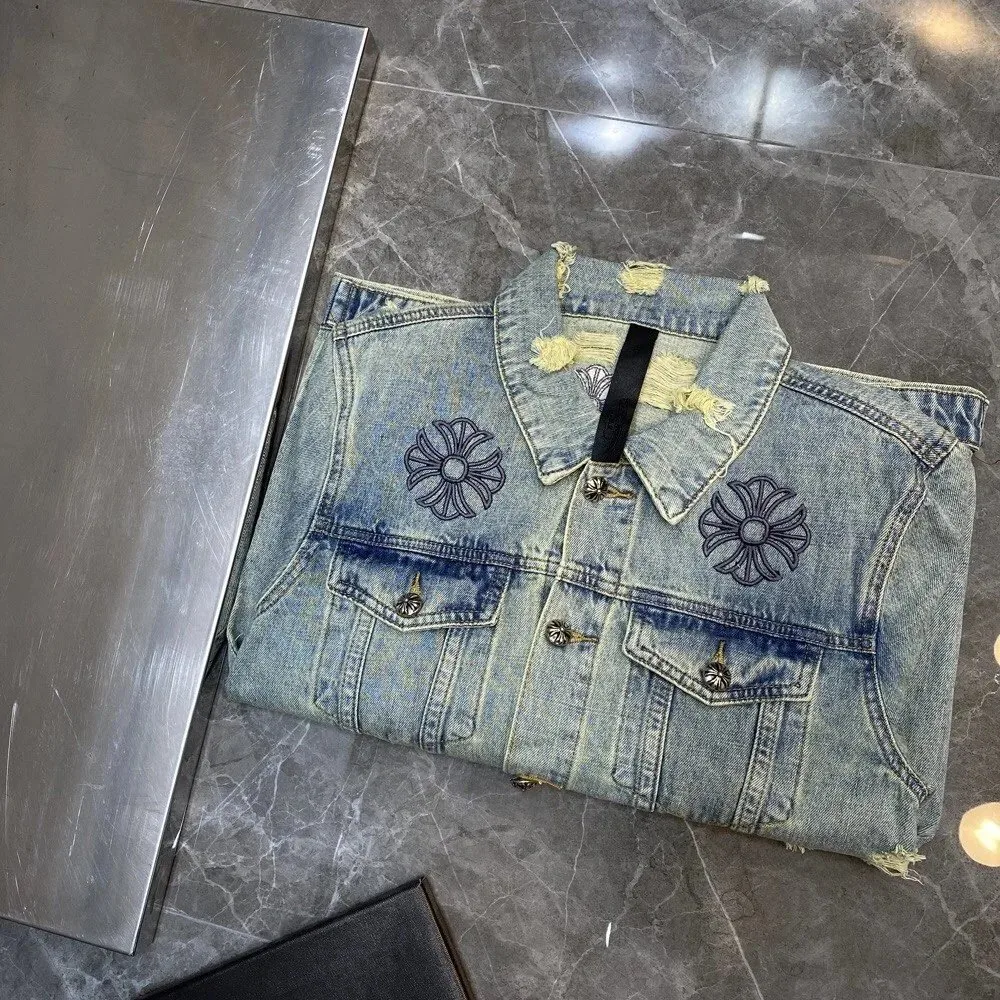 Embroidered Distressed Denim Jacket — Photo 4