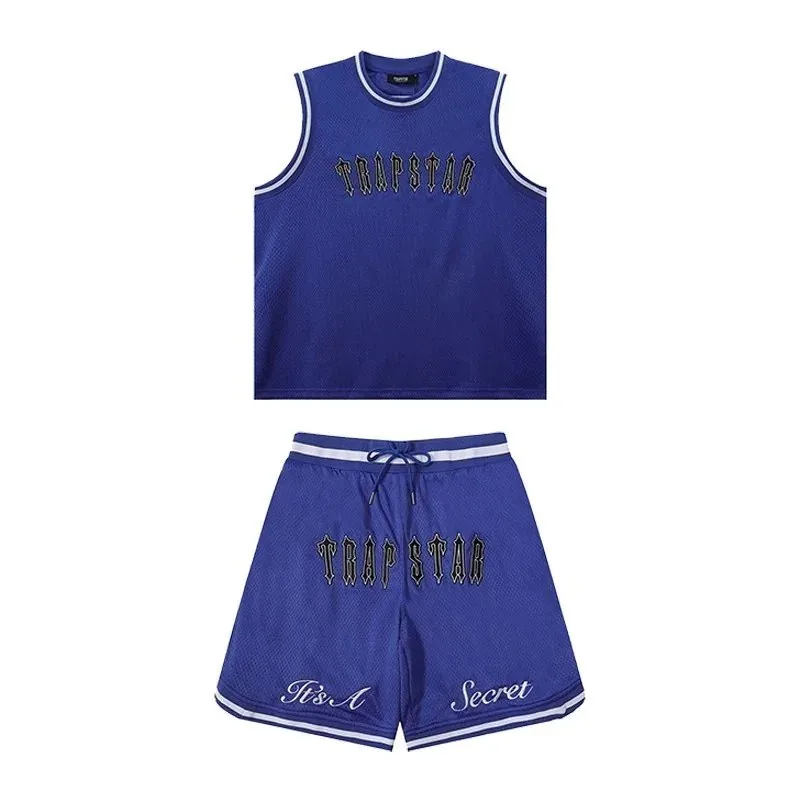 Blue Mesh Embroidered Basketball Jersey Set