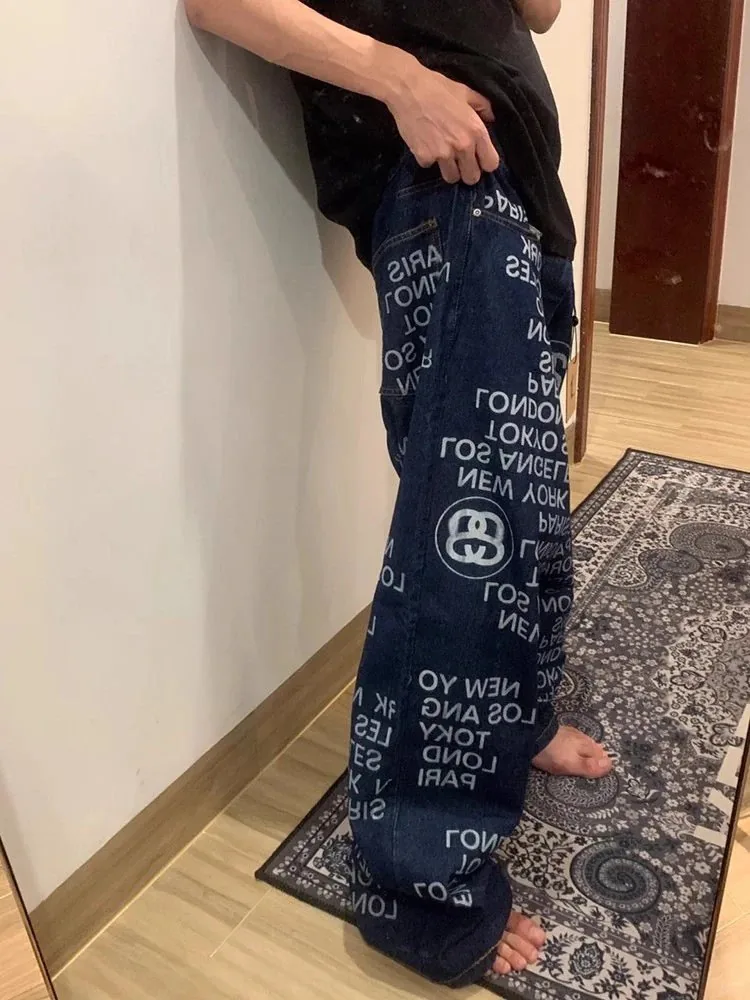 Blue Letter Print Washed Wide-Leg Jeans — QC