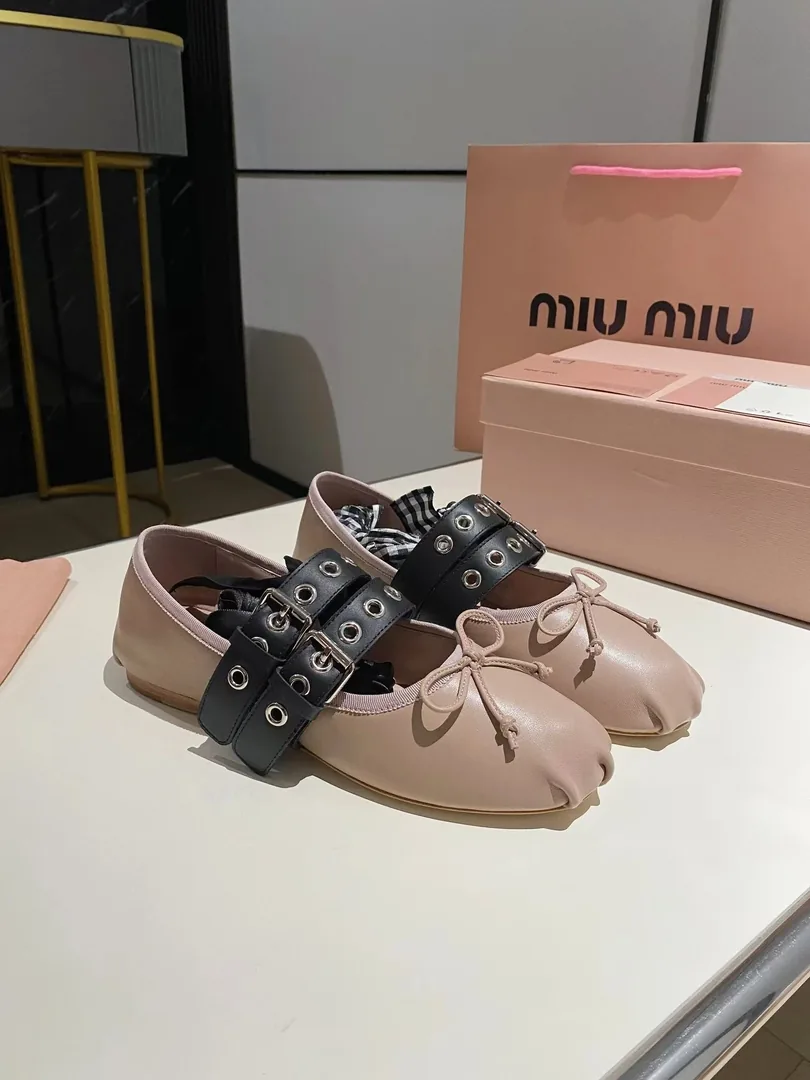 Miu Miu Beige Leather Buckle Ballet Flats
