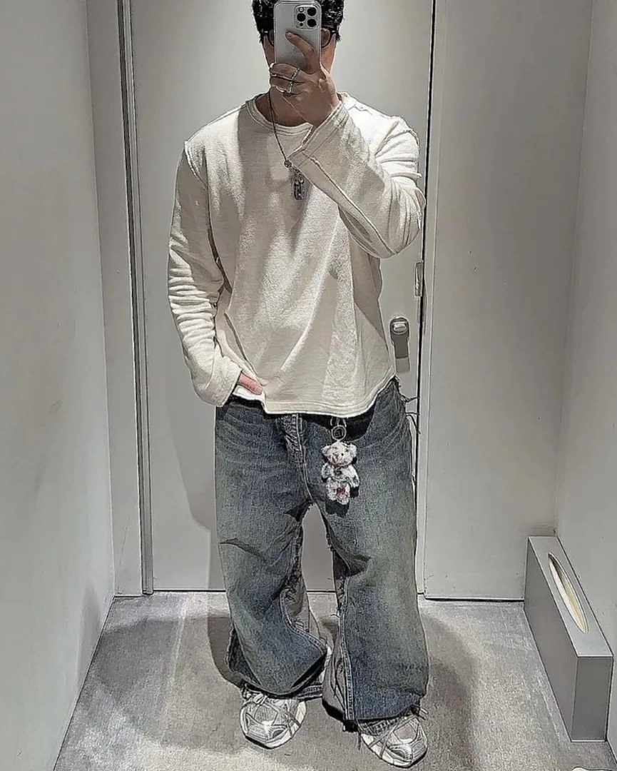 Blue Grey Paneled Baggy Jeans — Photo 6