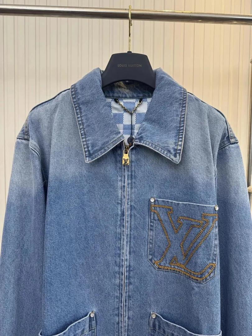Letter Embroidered Pearl Button Denim Jacket — photo 3