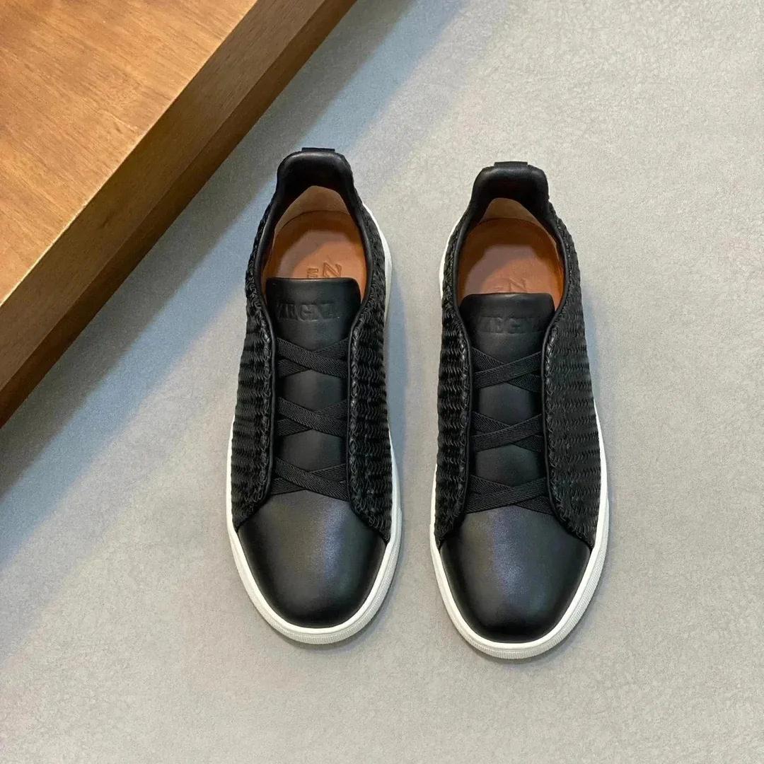 Zegna Triple Stitch Grey Leather Trainers — Photo 14