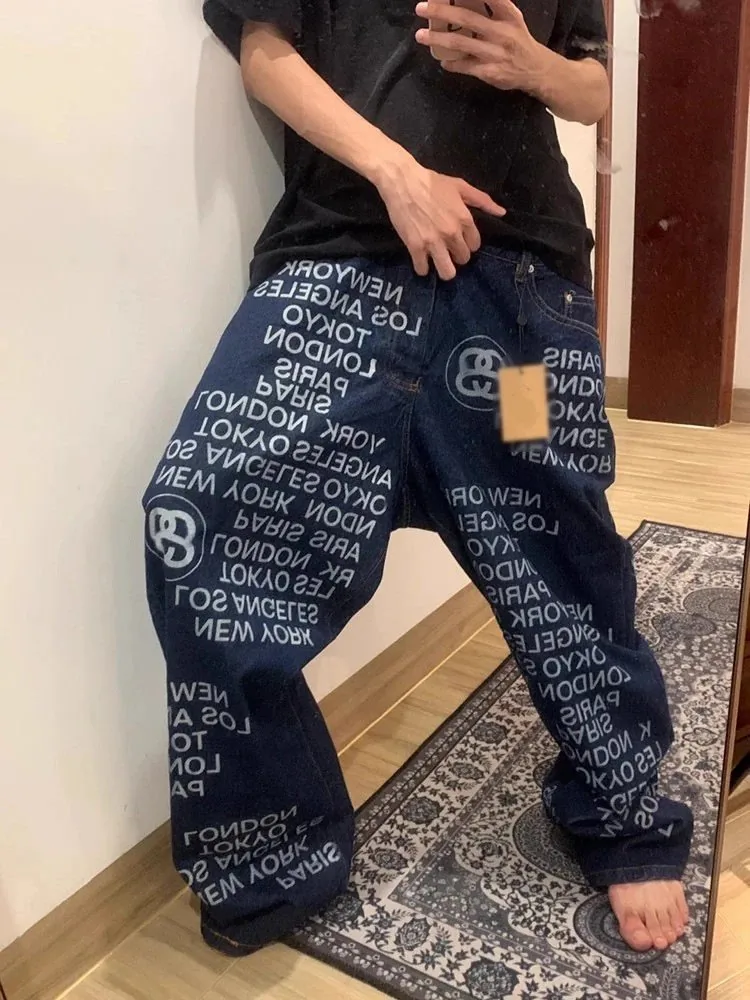 Blue Letter Print Washed Wide-Leg Jeans — QC