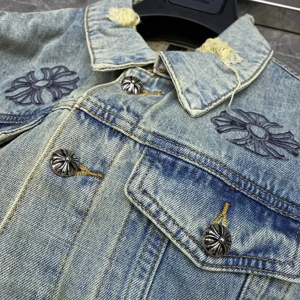 Embroidered Distressed Denim Jacket — Photo 5