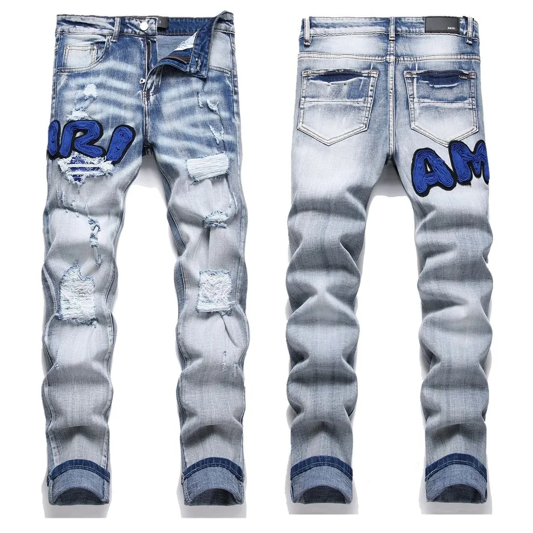Blue Embroidered Distressed Jeans