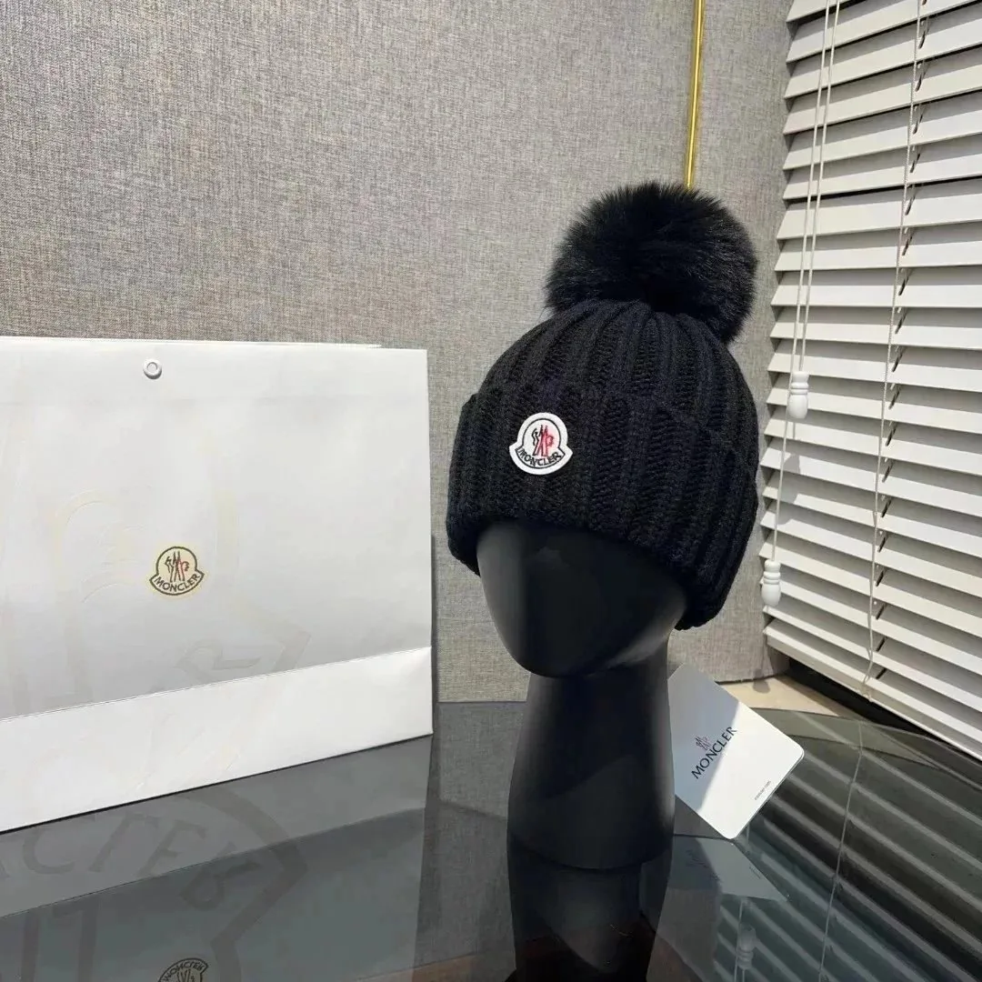 Moncler Logo Patch Pom Pom Beanie