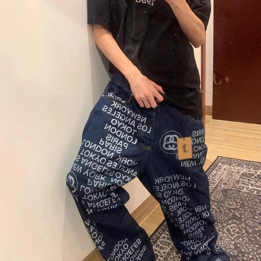 Blue Letter Print Washed Wide-Leg Jeans — QC