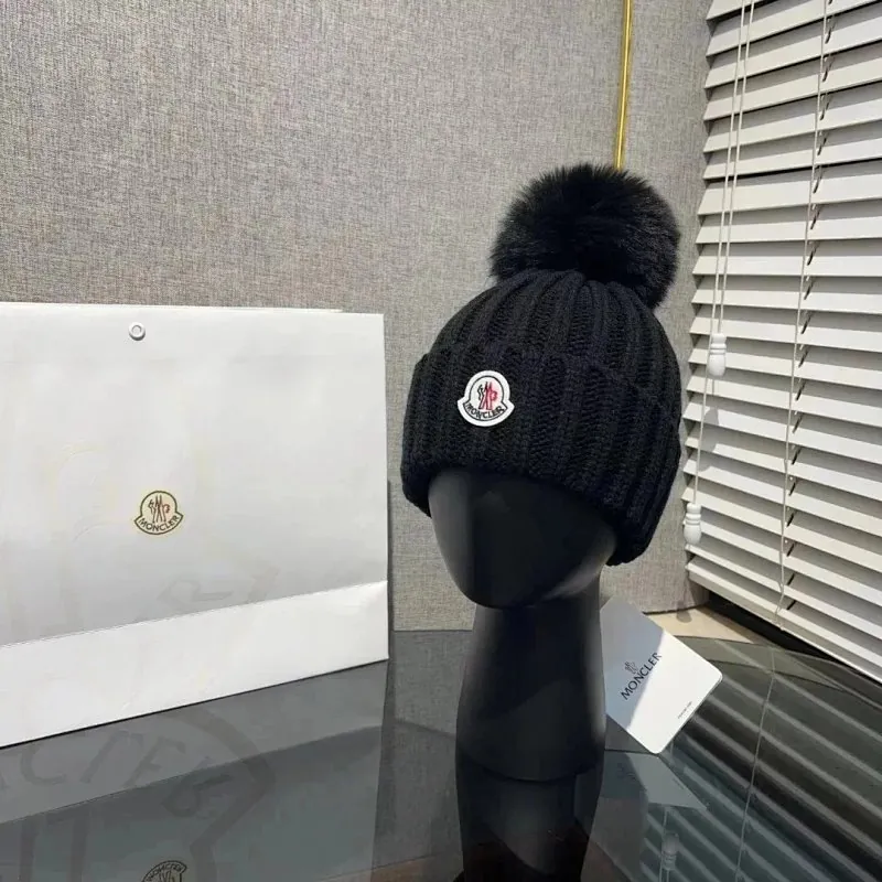 Moncler Fur Pom Pom Ribbed Knit Beanie