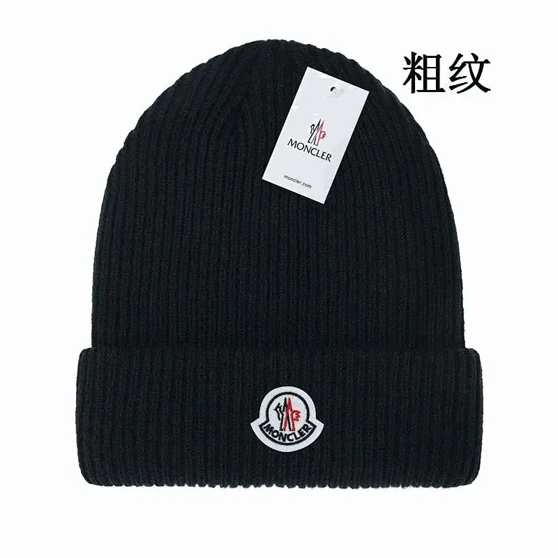 Moncler Logo Patch Black Ribbed Beanie