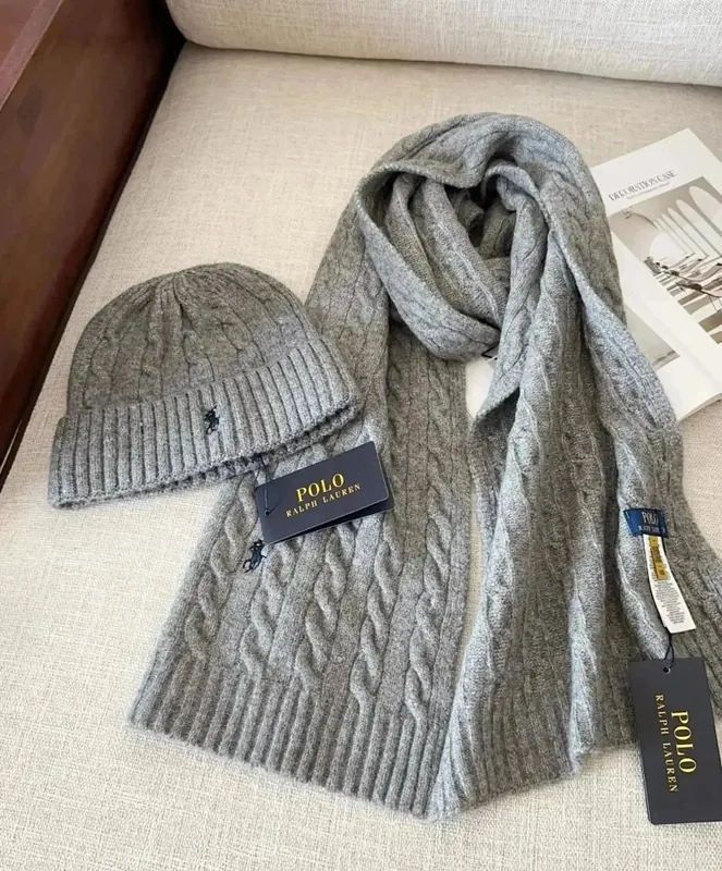 Ralph Lauren Cable Knit Beanie and Scarf Set