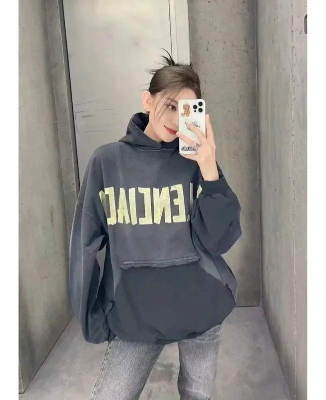 Balenciaga Washed Grey Logo Hoodie