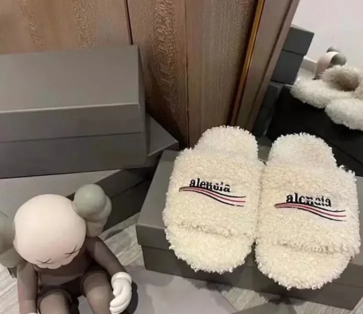 Balenciaga Logo Faux Fur Slide Sandals